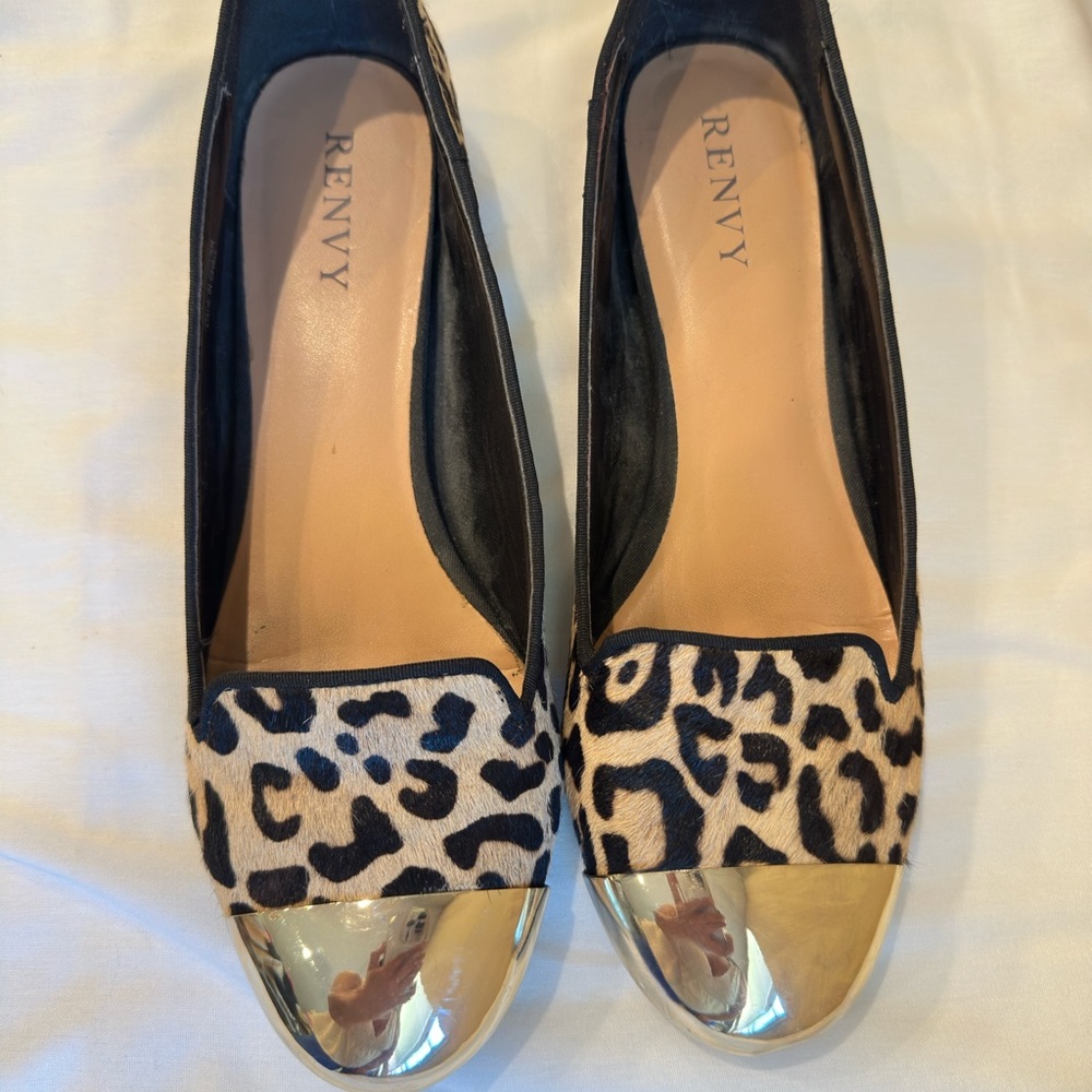 Renvy Leopard Flats with Gold Toe Caps